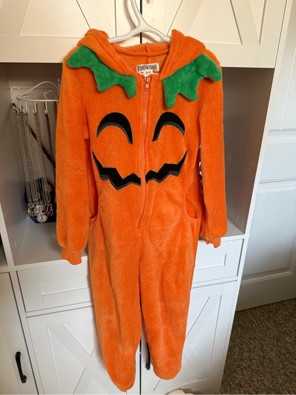 Pumpkin Kids Halloween Costume Onesie - Orange with Green Leaf Hood
